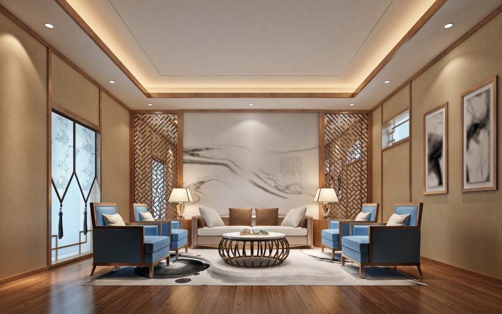 Grand salon de réception avec parquet foncé